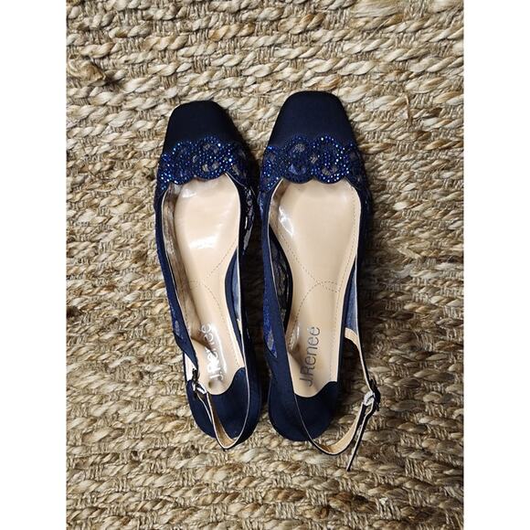 J. Renee Women’s 8.5M Faleece Lace/Satin/Sequins Slingback Heels Navy Blue - Picture 8 of 11